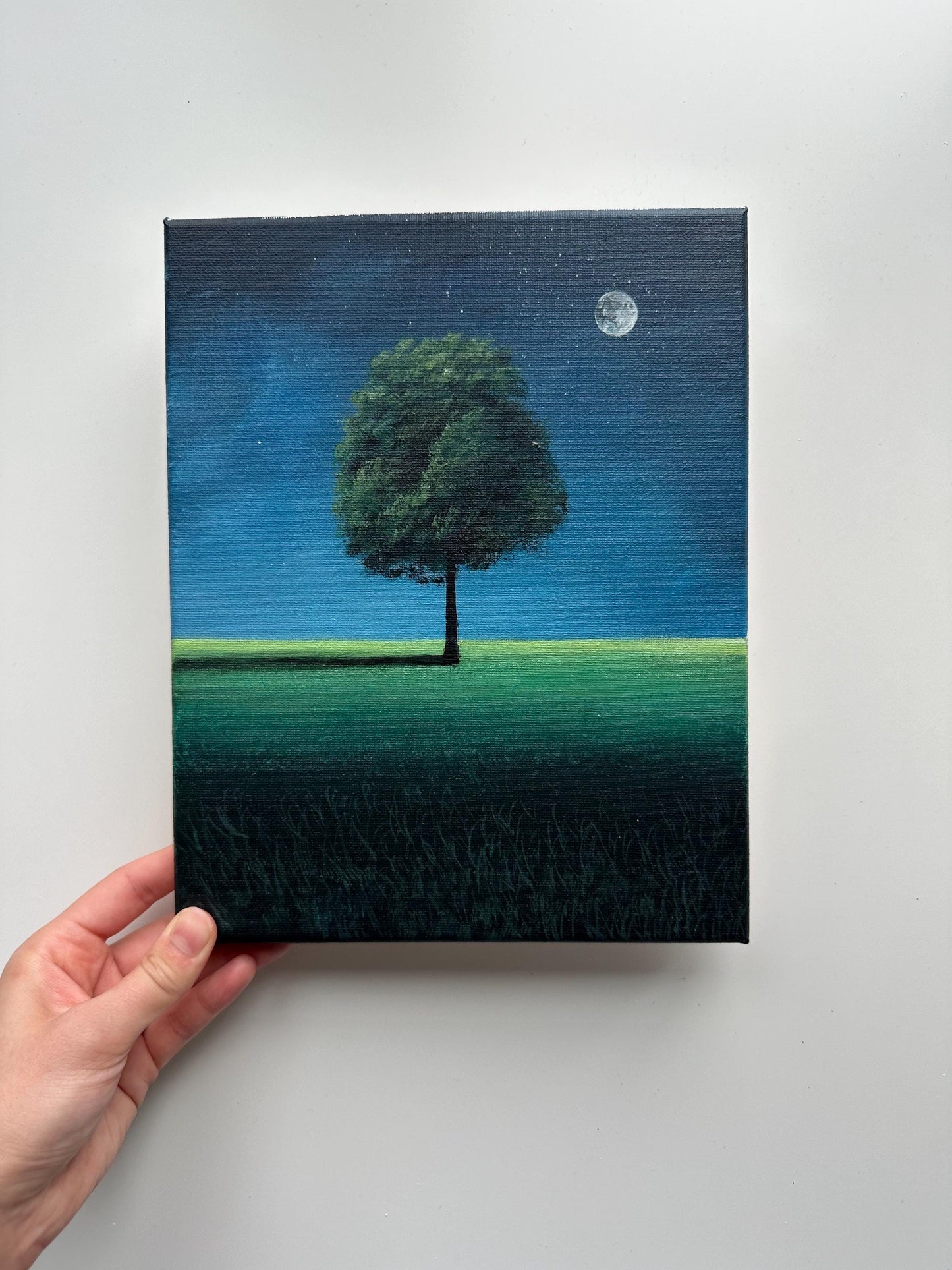 Original Moonlit Tree Painting – Minimalist Night Landscape, 8x10 Acrylic