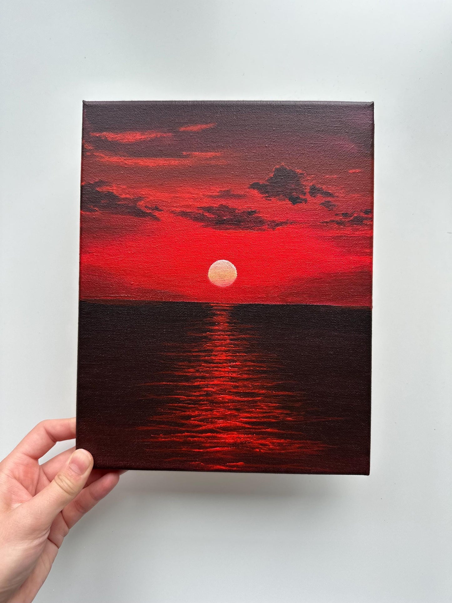Original Red Sunset Seascape Painting - 8x10 Acrylic Crimson Horizon
