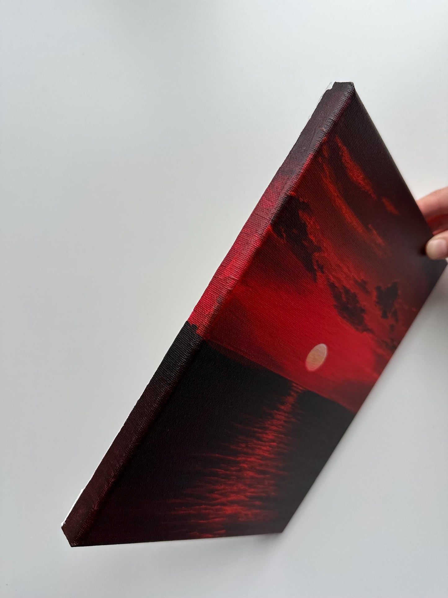 Original Red Sunset Seascape Painting - 8x10 Acrylic Crimson Horizon