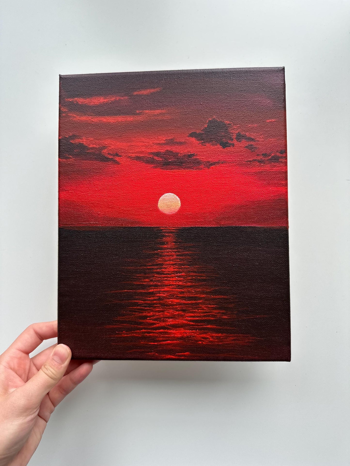 Original Red Sunset Seascape Painting - 8x10 Acrylic Crimson Horizon