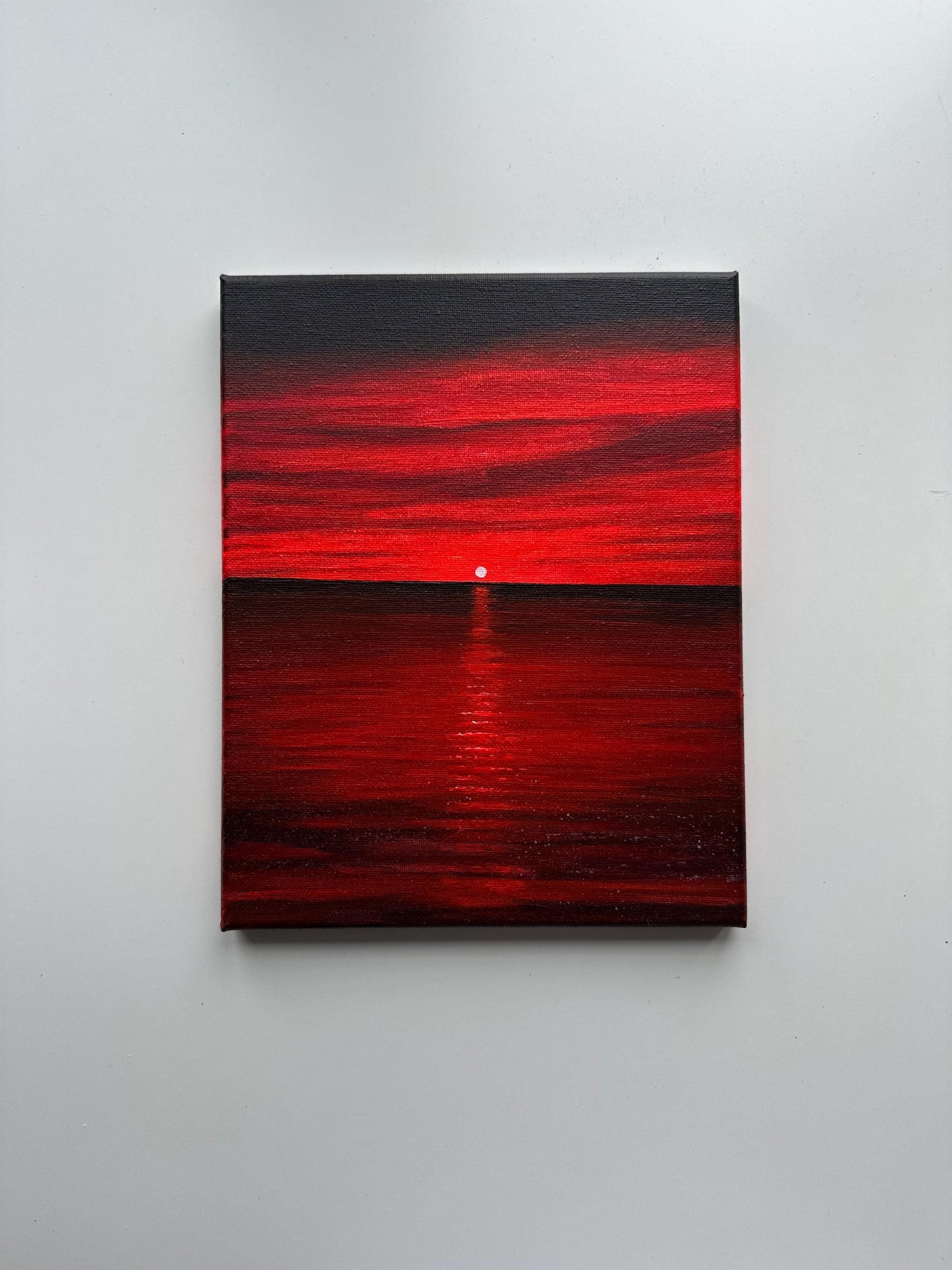 Original Red Sunset Seascape Painting – 8x10 Acrylic Art