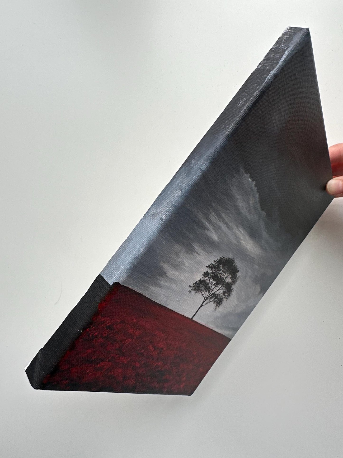 Original Stormy Sky Landscape Painting – Lone Tree, Red Field 8x10 Acrylic