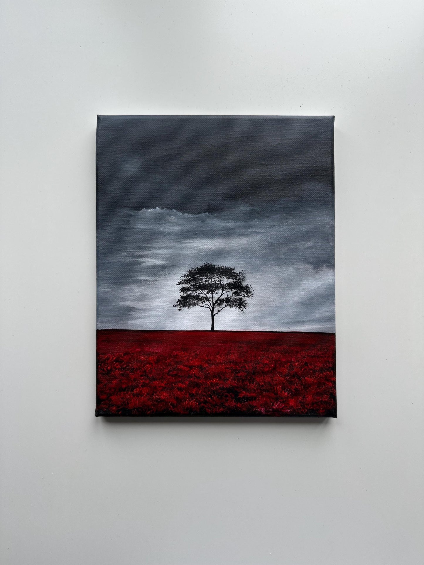 Original Stormy Sky Landscape Painting – Lone Tree, Red Field 8x10 Acrylic