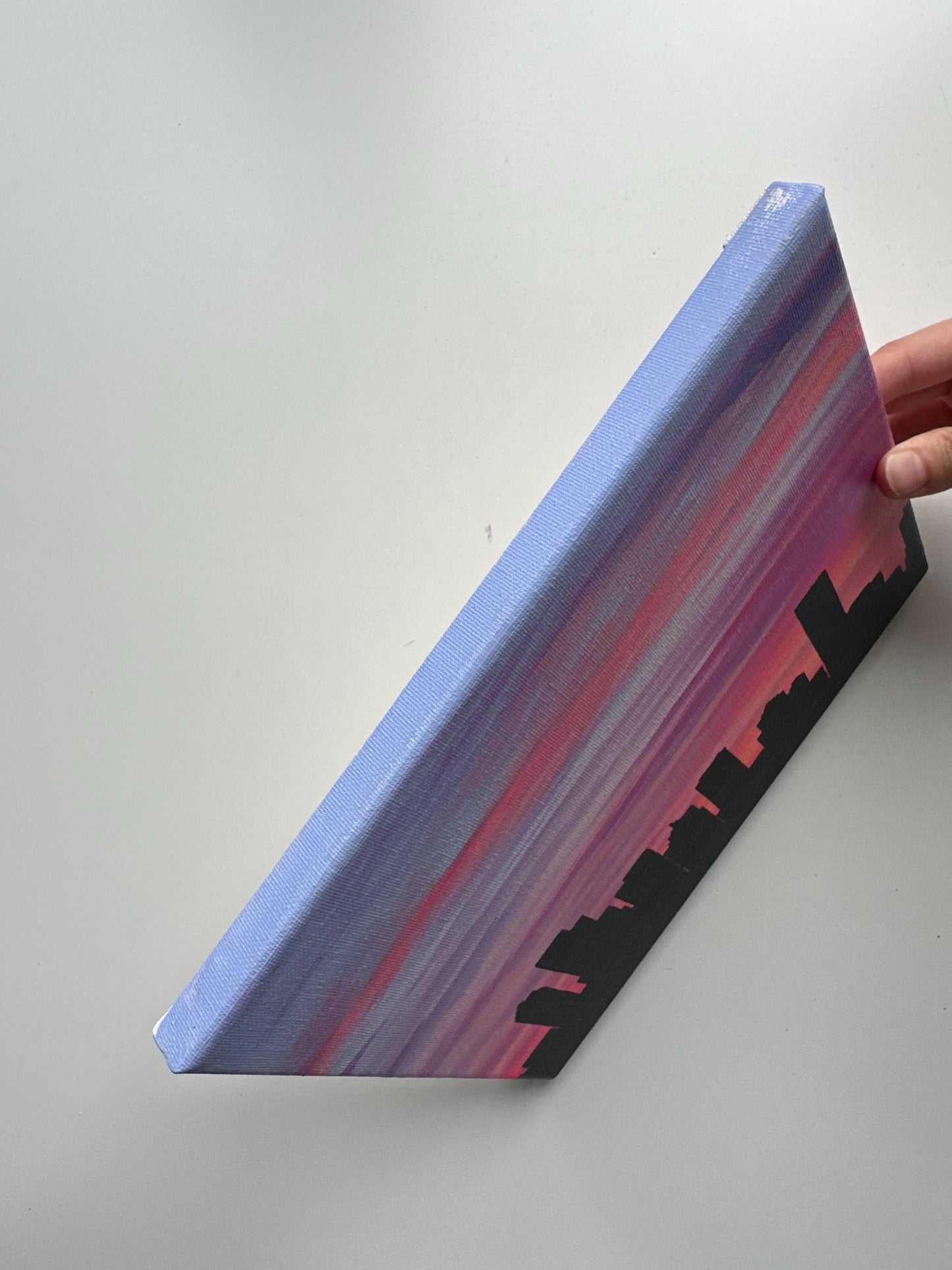 Original Cityscape Acrylic Painting – Pink Sunset Urban Art (8x10)