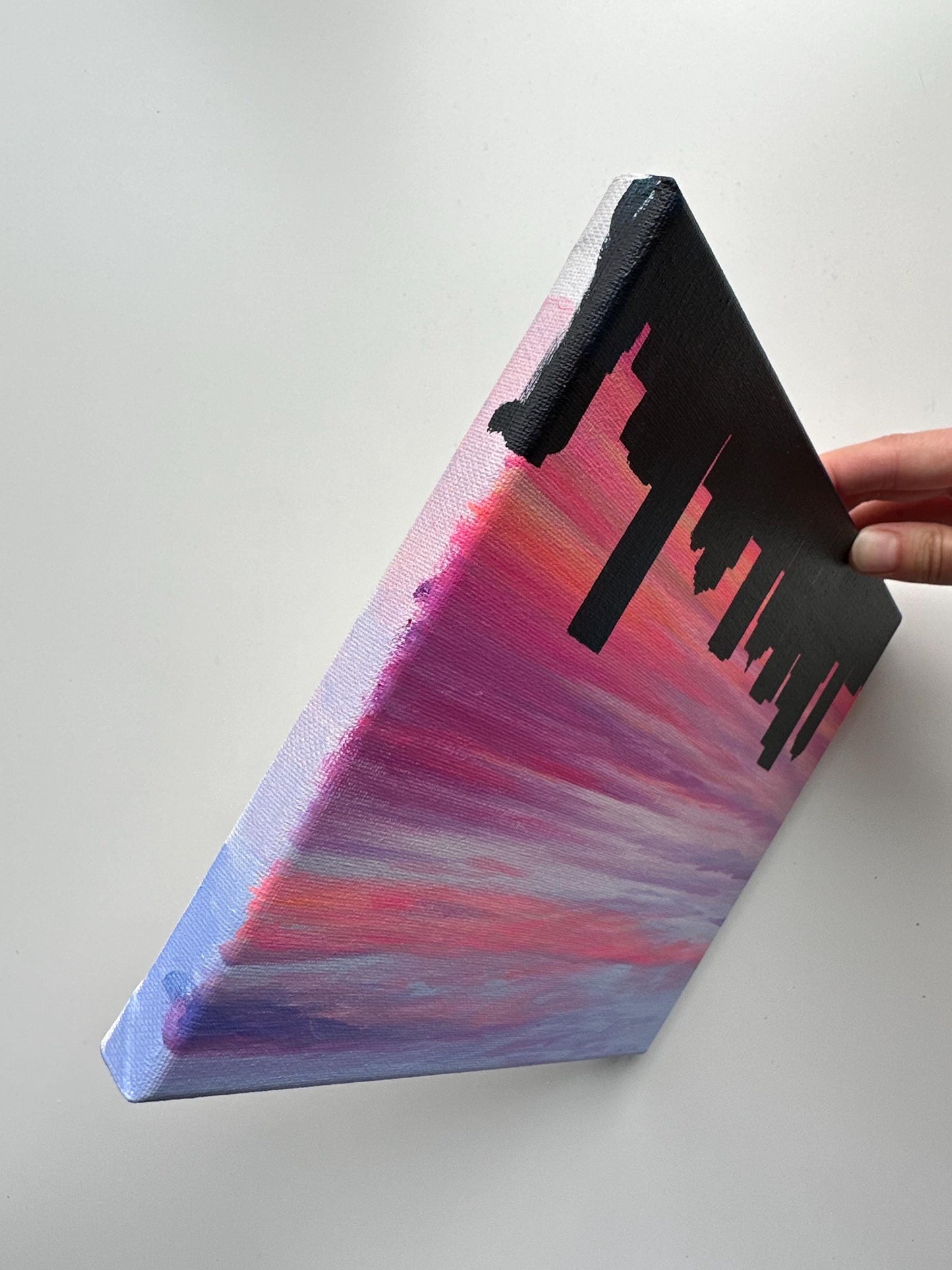 Original Cityscape Acrylic Painting – Pink Sunset Urban Art (8x10)