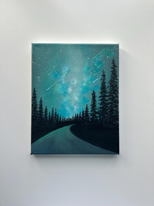 Starry Night Forest Road Painting, Milky Way Landscape Art, Original Acrylic Night Sky Painting, 8x10