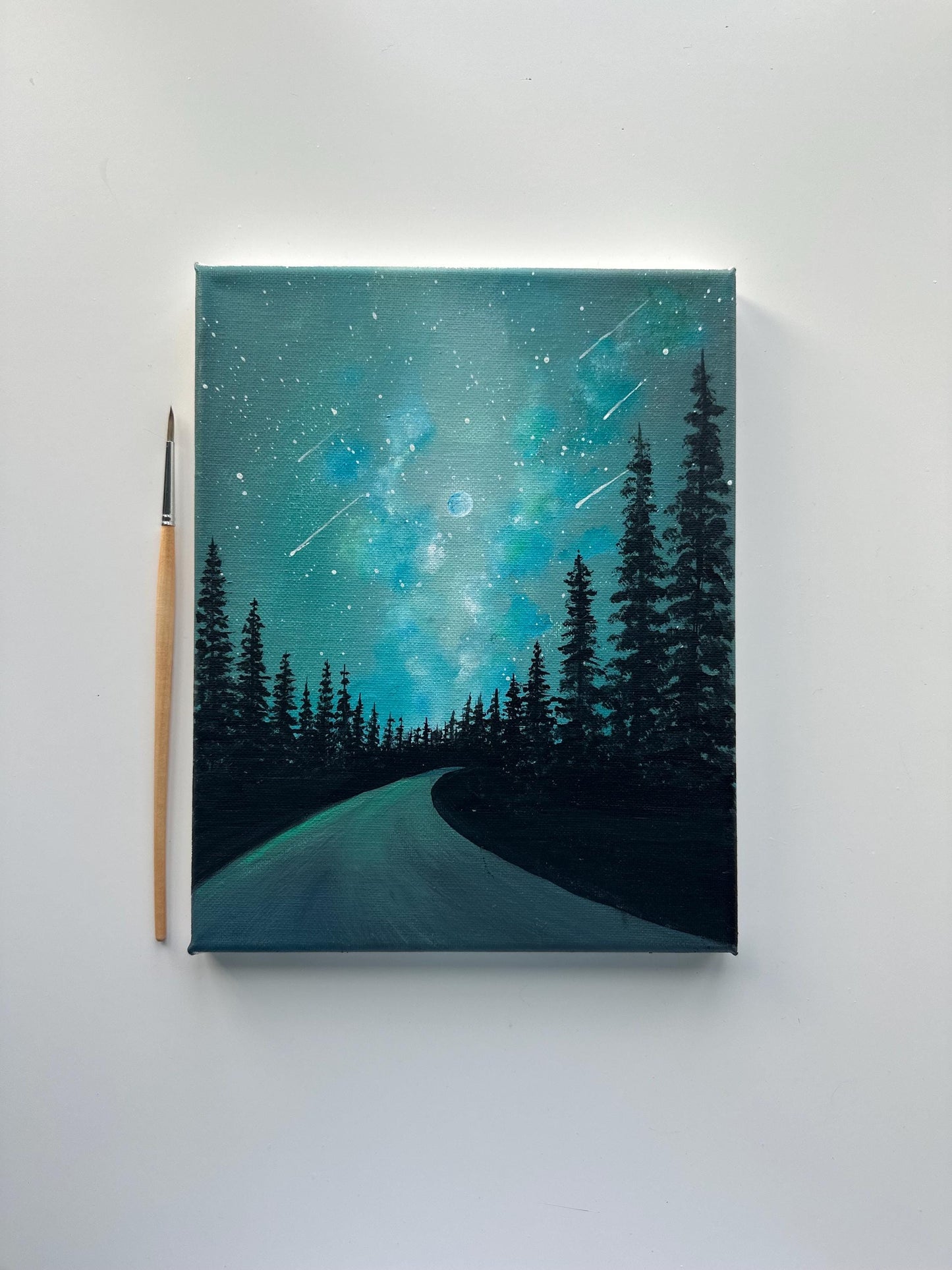 Starry Night Forest Road Painting, Milky Way Landscape Art, Original Acrylic Night Sky Painting, 8x10