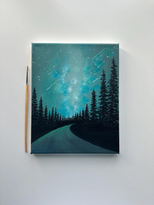Starry Night Forest Road Painting, Milky Way Landscape Art, Original Acrylic Night Sky Painting, 8x10