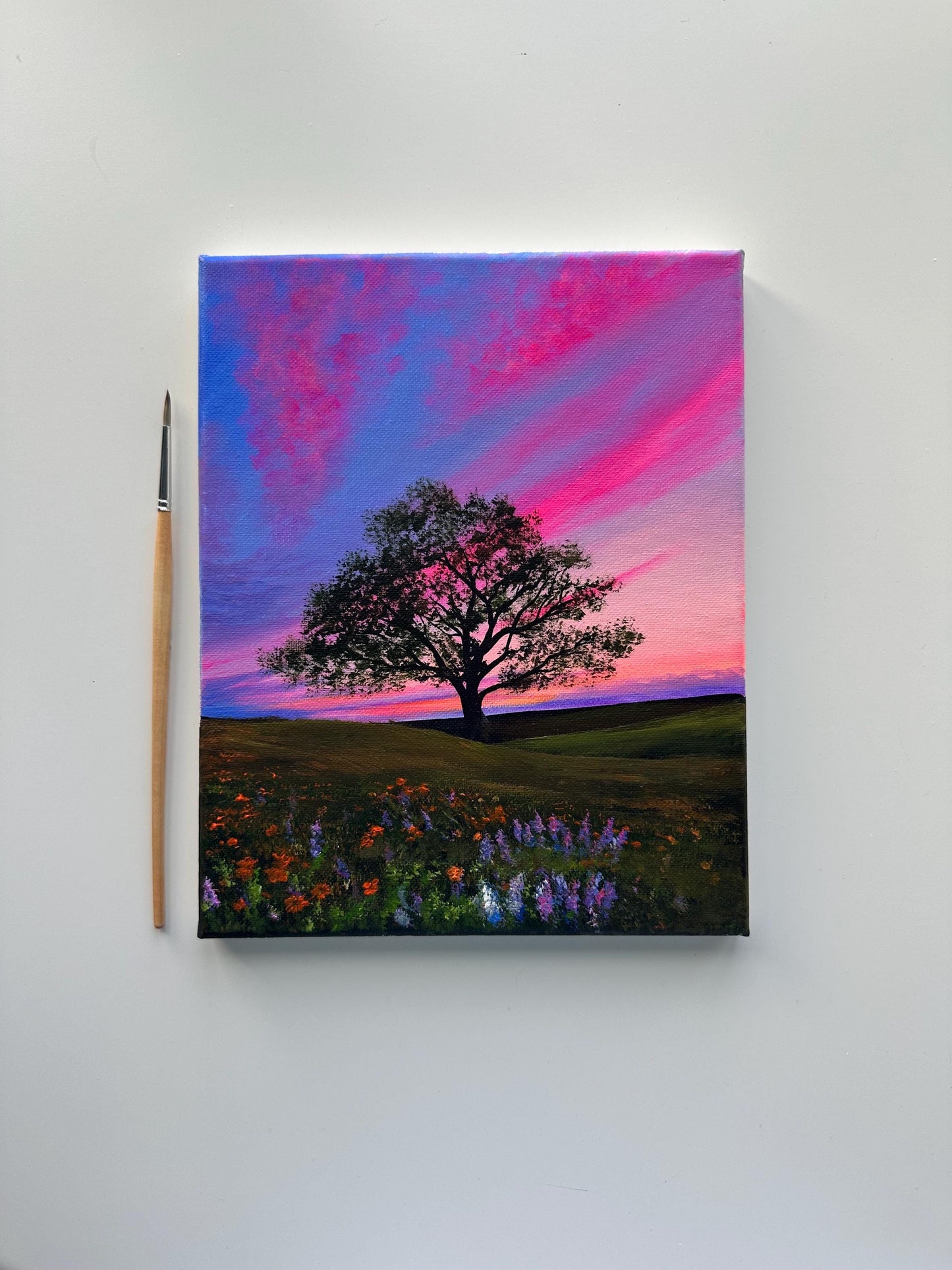 Lone Tree Sunset Painting, Colorful Sky Landscape Art, Original Acrylic Nature Painting, 8x10