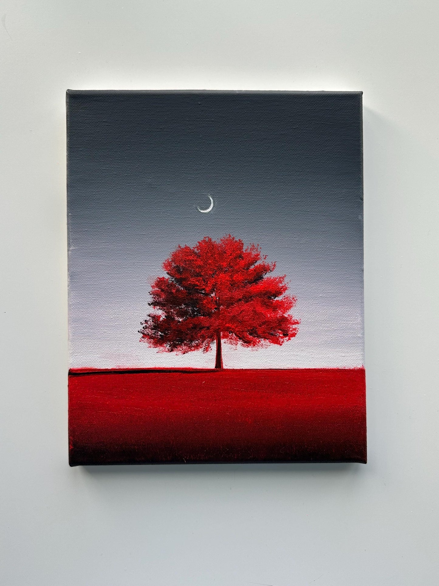 Red Tree Moon Painting, Minimal Landscape Art, Original Acrylic Tree Painting, 8x10