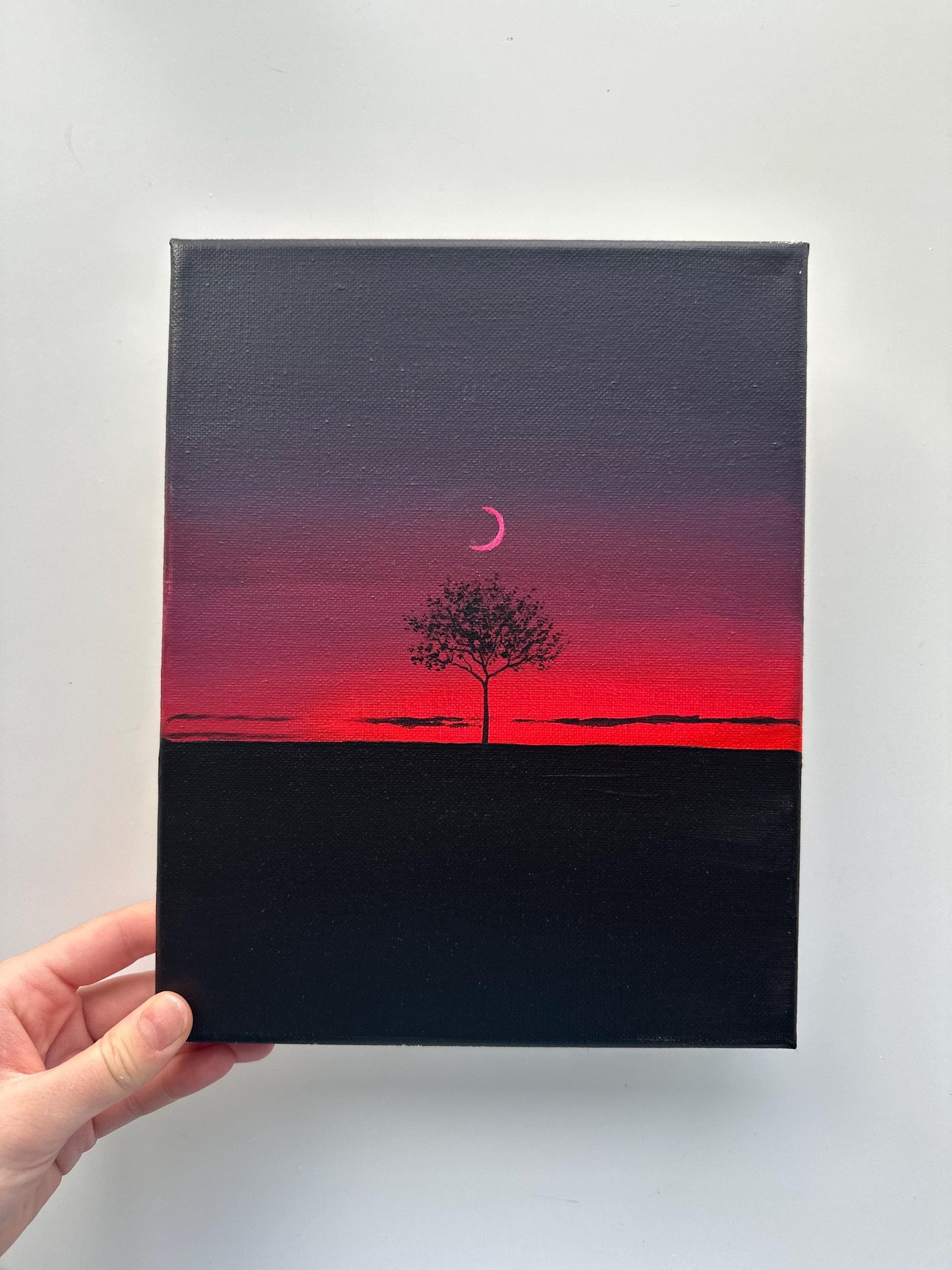 Dark Red Sunset Tree Painting, Minimal Night Landscape Art, Original Acrylic Painting, 8x10