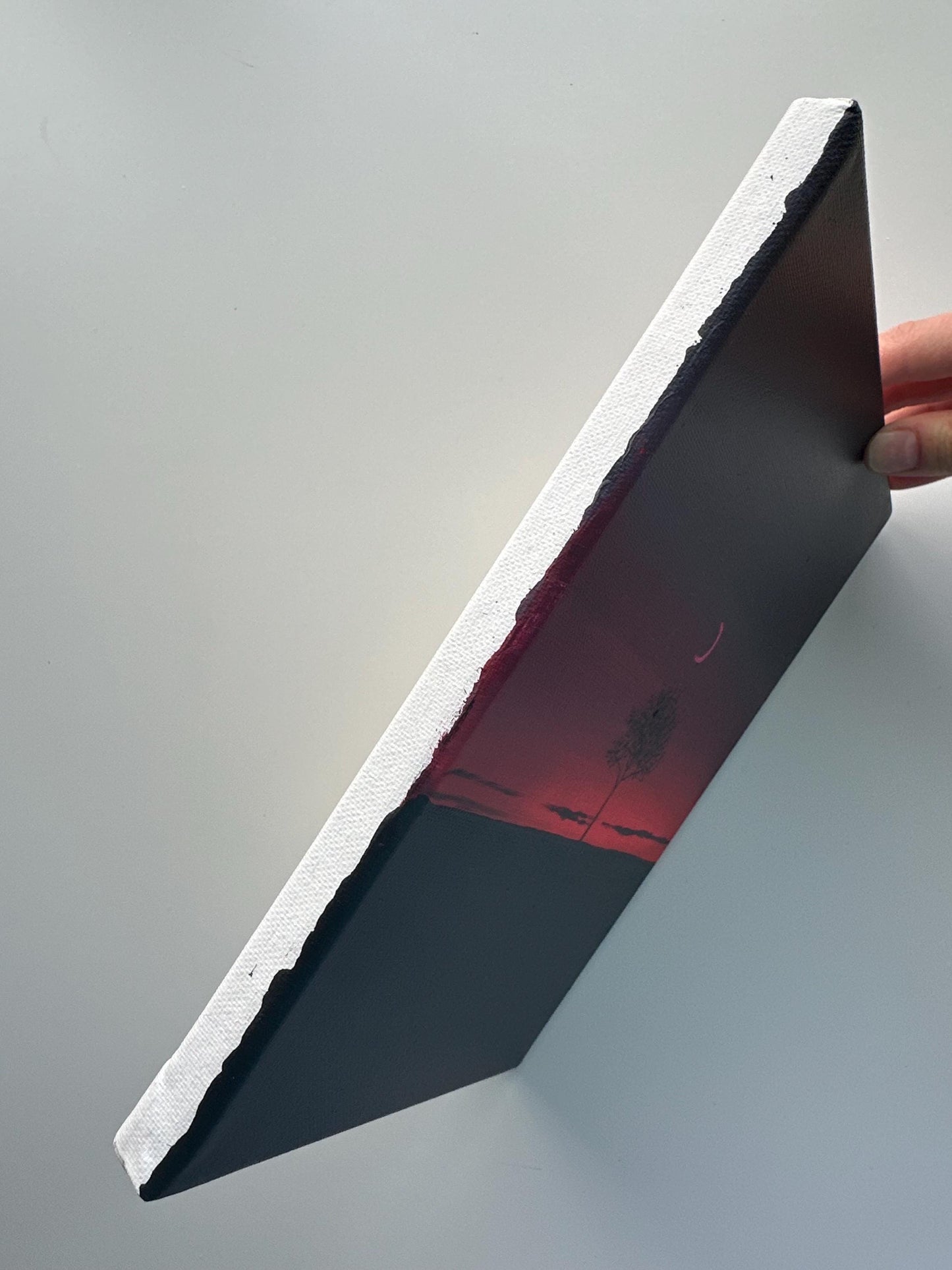 Dark Red Sunset Tree Painting, Minimal Night Landscape Art, Original Acrylic Painting, 8x10