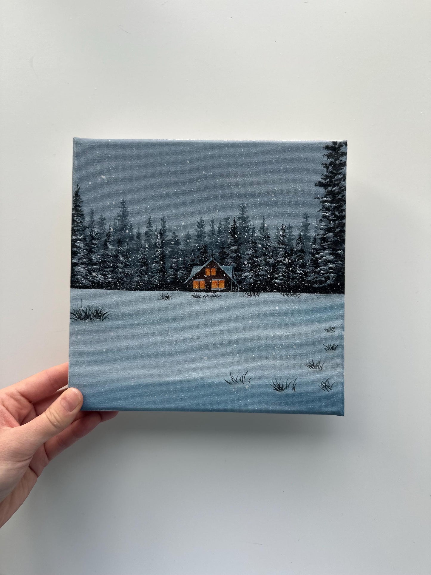 Snowy Cabin Painting, Winter Forest Landscape Art, Cozy Night Cabin Acrylic Painting, Original 8x8 Canvas