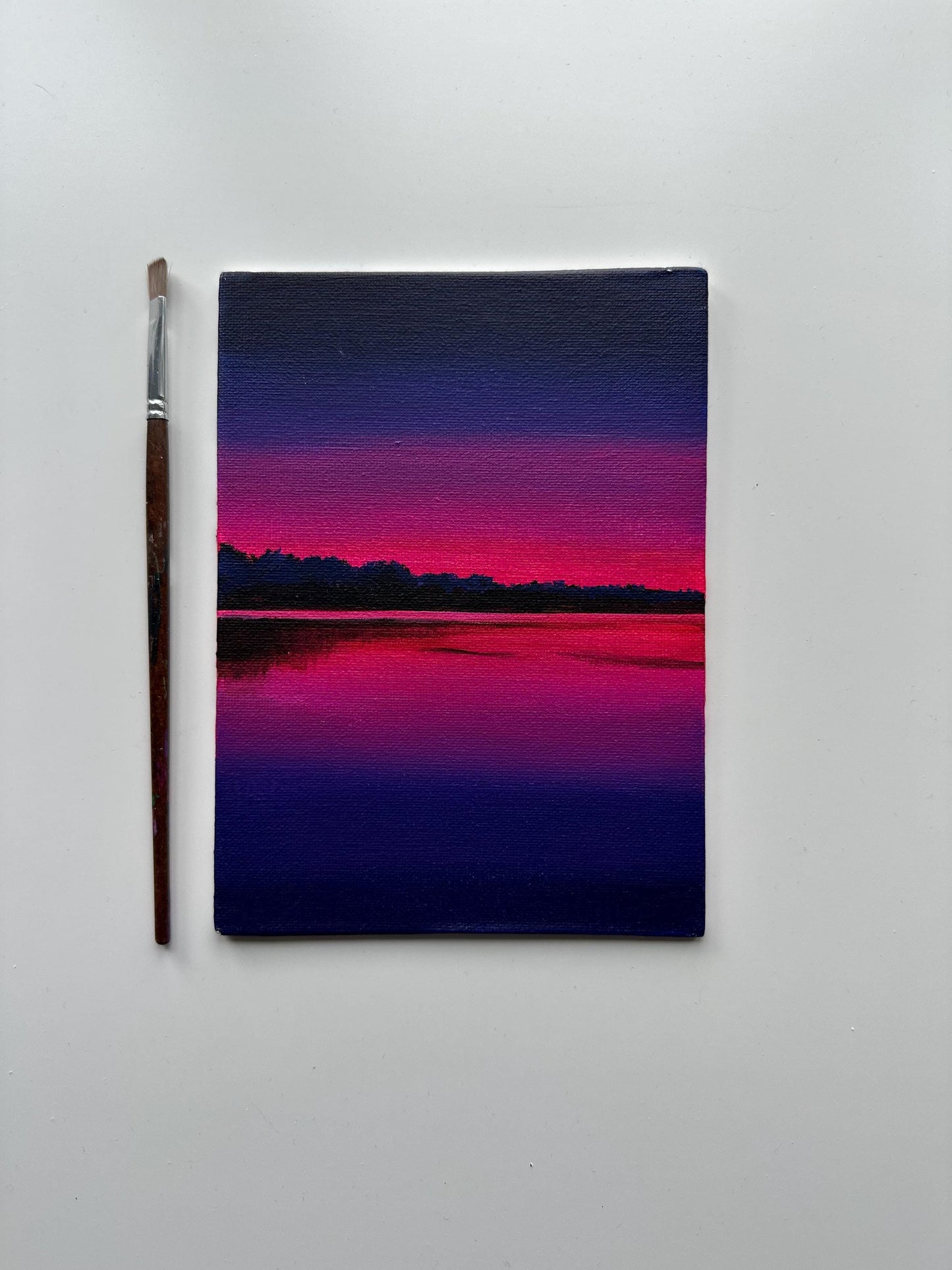 Purple Sunset Reflection Painting, Minimal Lake Landscape Art, Original Acrylic on Canvas Panel, 6x8