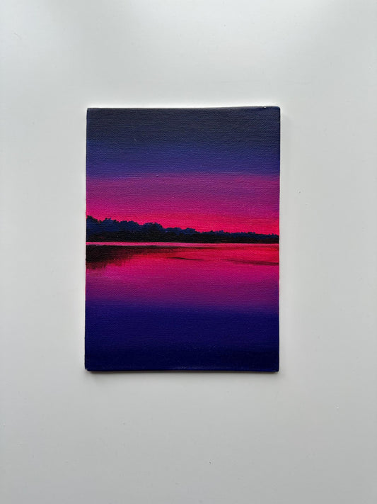 Purple Sunset Reflection Painting, Minimal Lake Landscape Art, Original Acrylic on Canvas Panel, 6x8