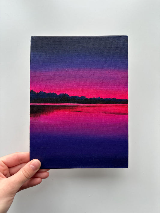 Purple Sunset Reflection Painting, Minimal Lake Landscape Art, Original Acrylic on Canvas Panel, 6x8
