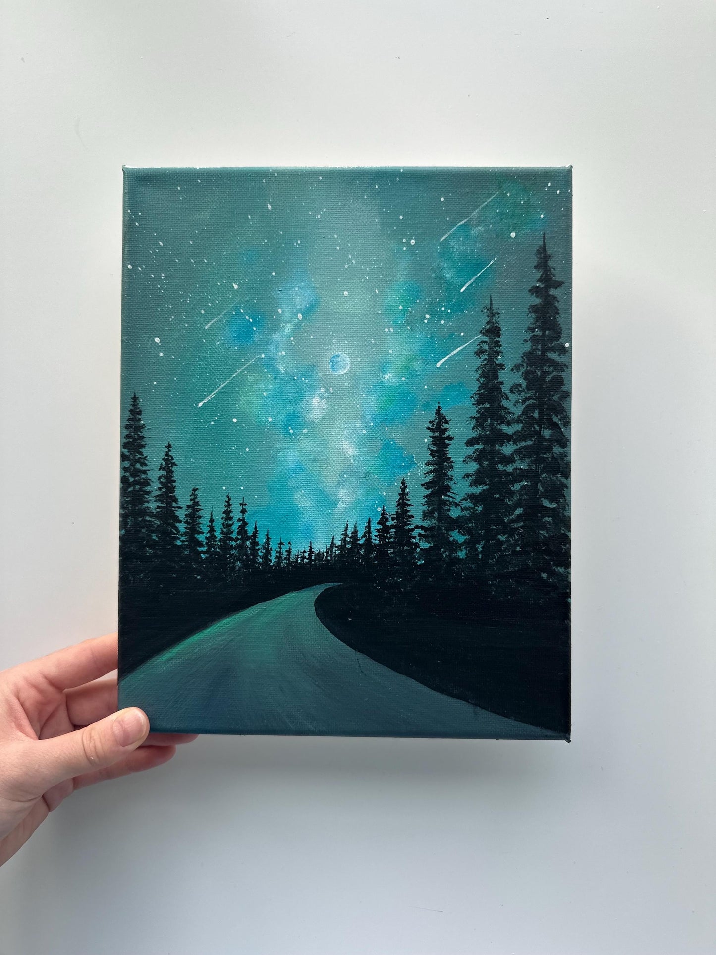 Starry Night Forest Road Painting, Milky Way Landscape Art, Original Acrylic Night Sky Painting, 8x10