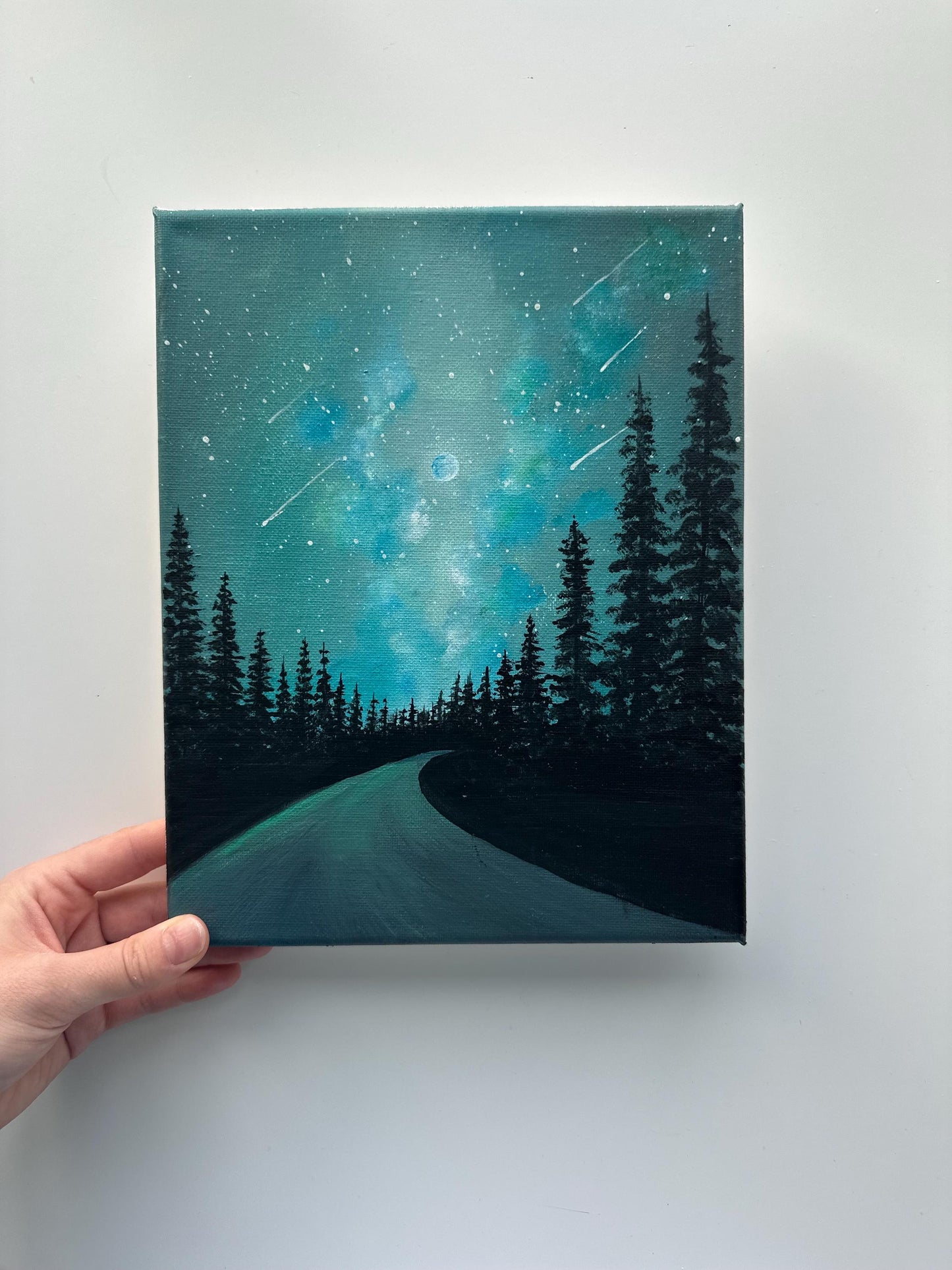 Starry Night Forest Road Painting, Milky Way Landscape Art, Original Acrylic Night Sky Painting, 8x10