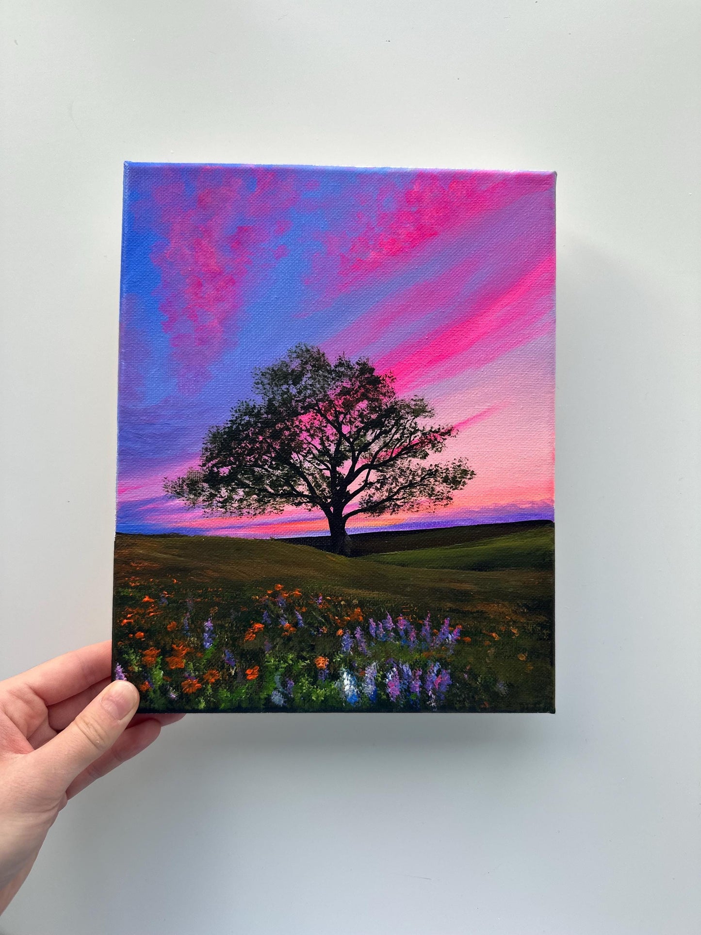 Lone Tree Sunset Painting, Colorful Sky Landscape Art, Original Acrylic Nature Painting, 8x10