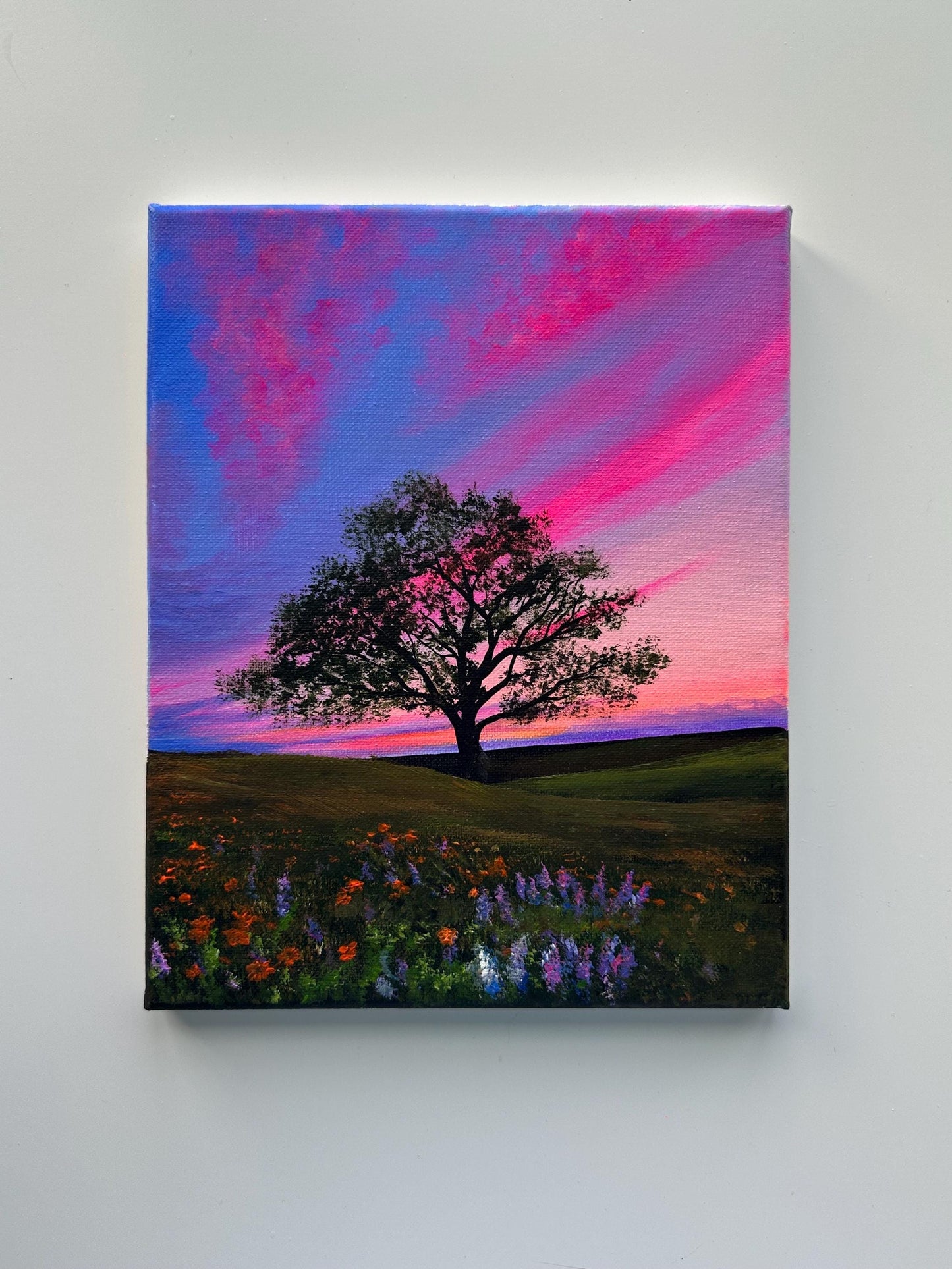 Lone Tree Sunset Painting, Colorful Sky Landscape Art, Original Acrylic Nature Painting, 8x10
