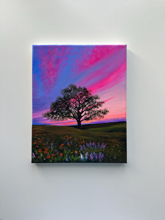 Lone Tree Sunset Painting, Colorful Sky Landscape Art, Original Acrylic Nature Painting, 8x10