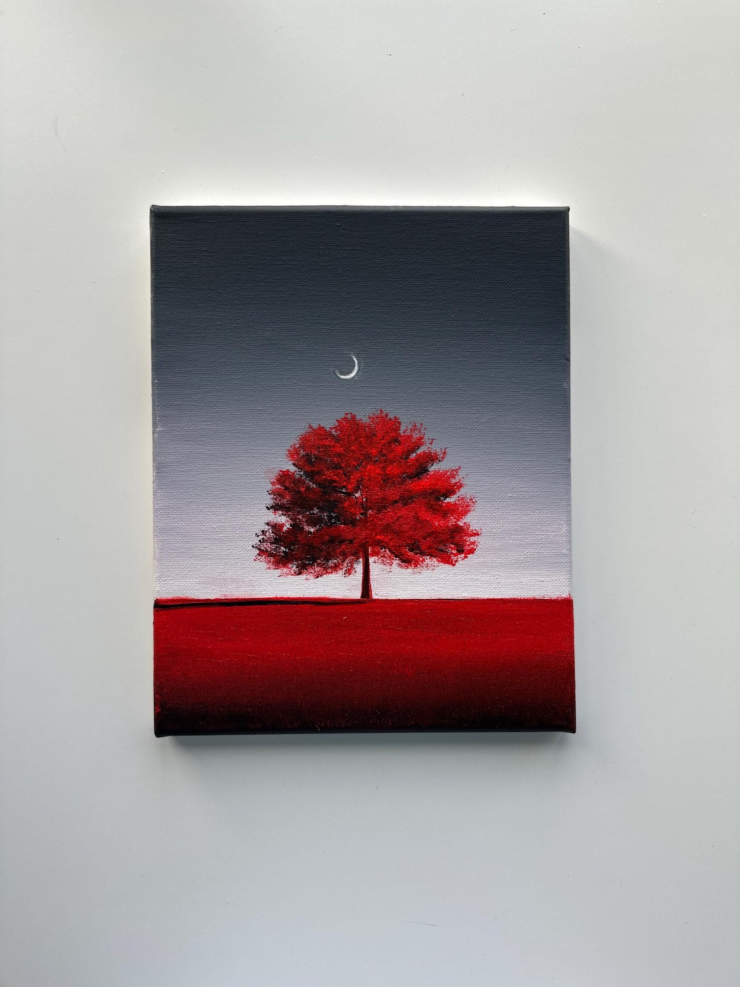 Red Tree Moon Painting, Minimal Landscape Art, Original Acrylic Tree Painting, 8x10