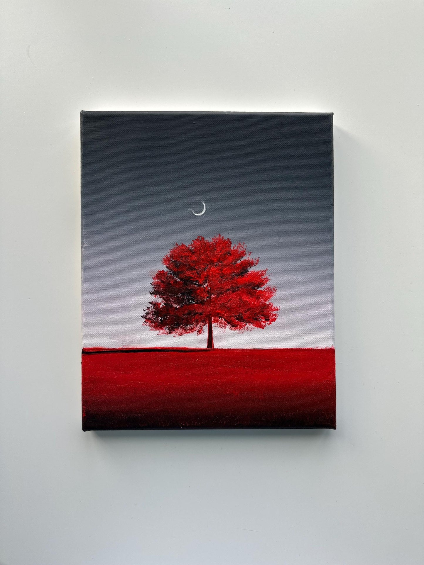 Red Tree Moon Painting, Minimal Landscape Art, Original Acrylic Tree Painting, 8x10