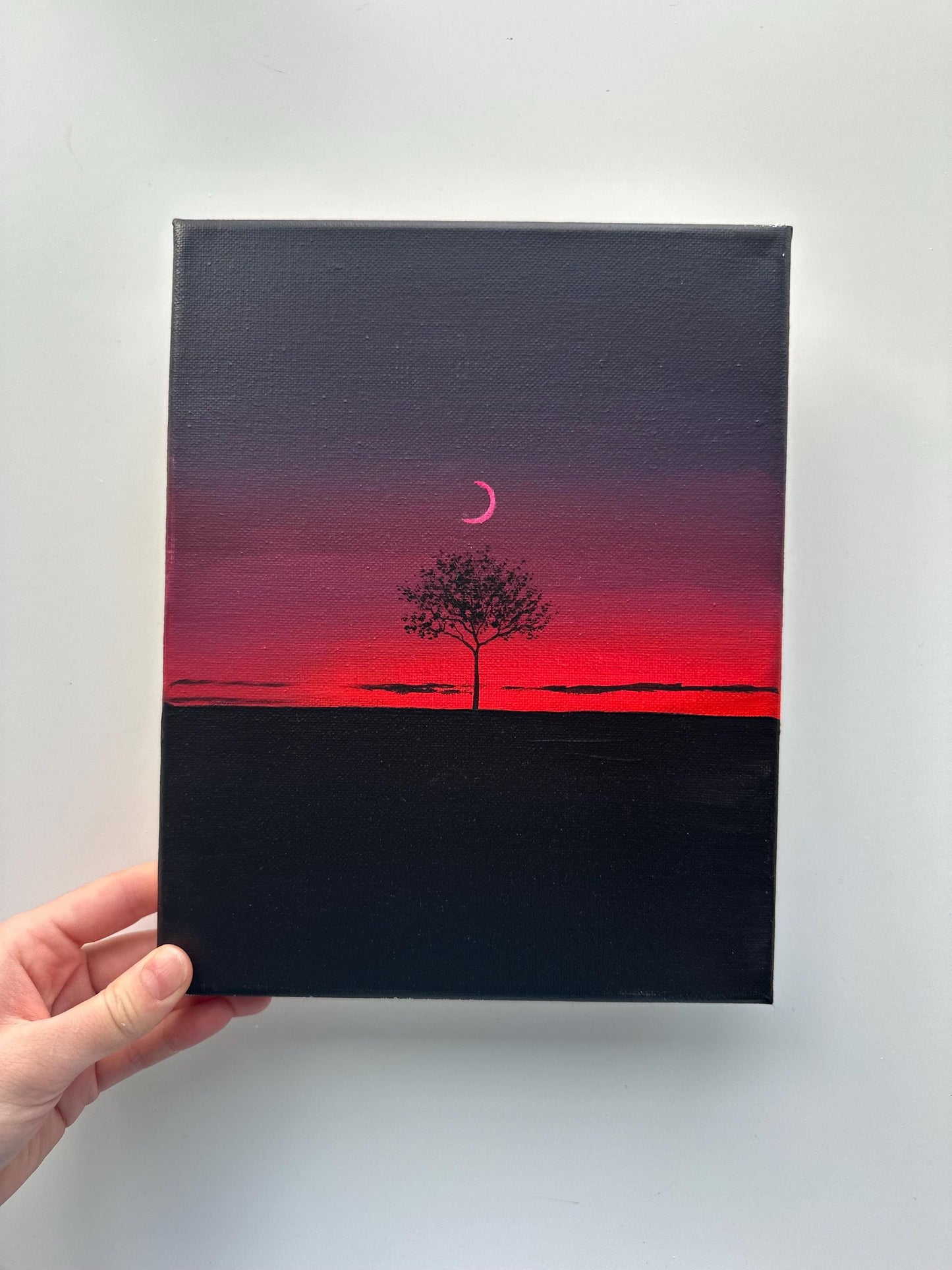 Dark Red Sunset Tree Painting, Minimal Night Landscape Art, Original Acrylic Painting, 8x10