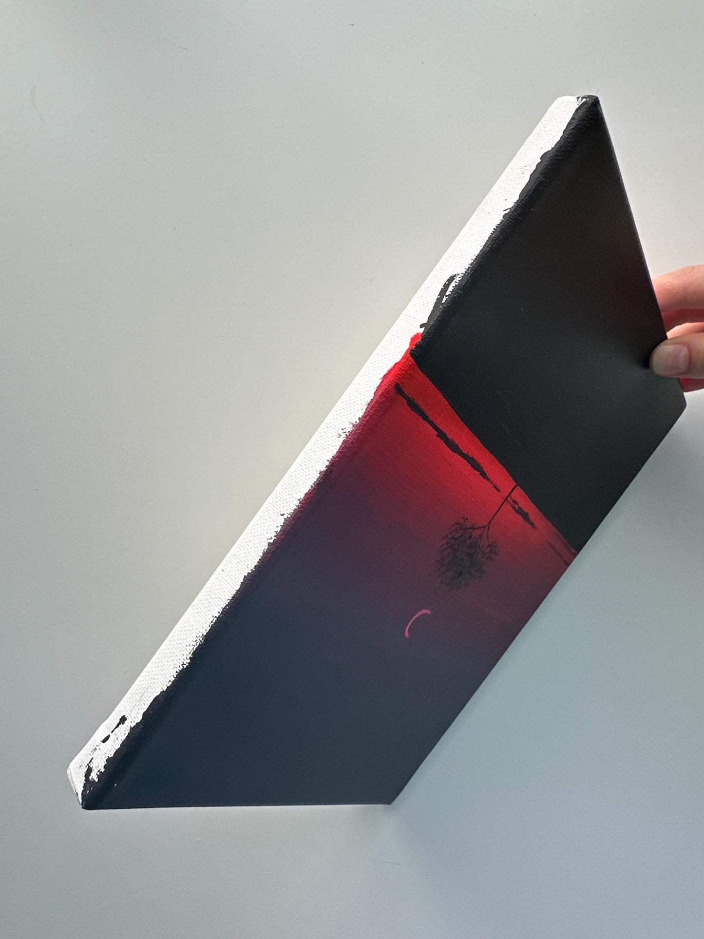 Dark Red Sunset Tree Painting, Minimal Night Landscape Art, Original Acrylic Painting, 8x10