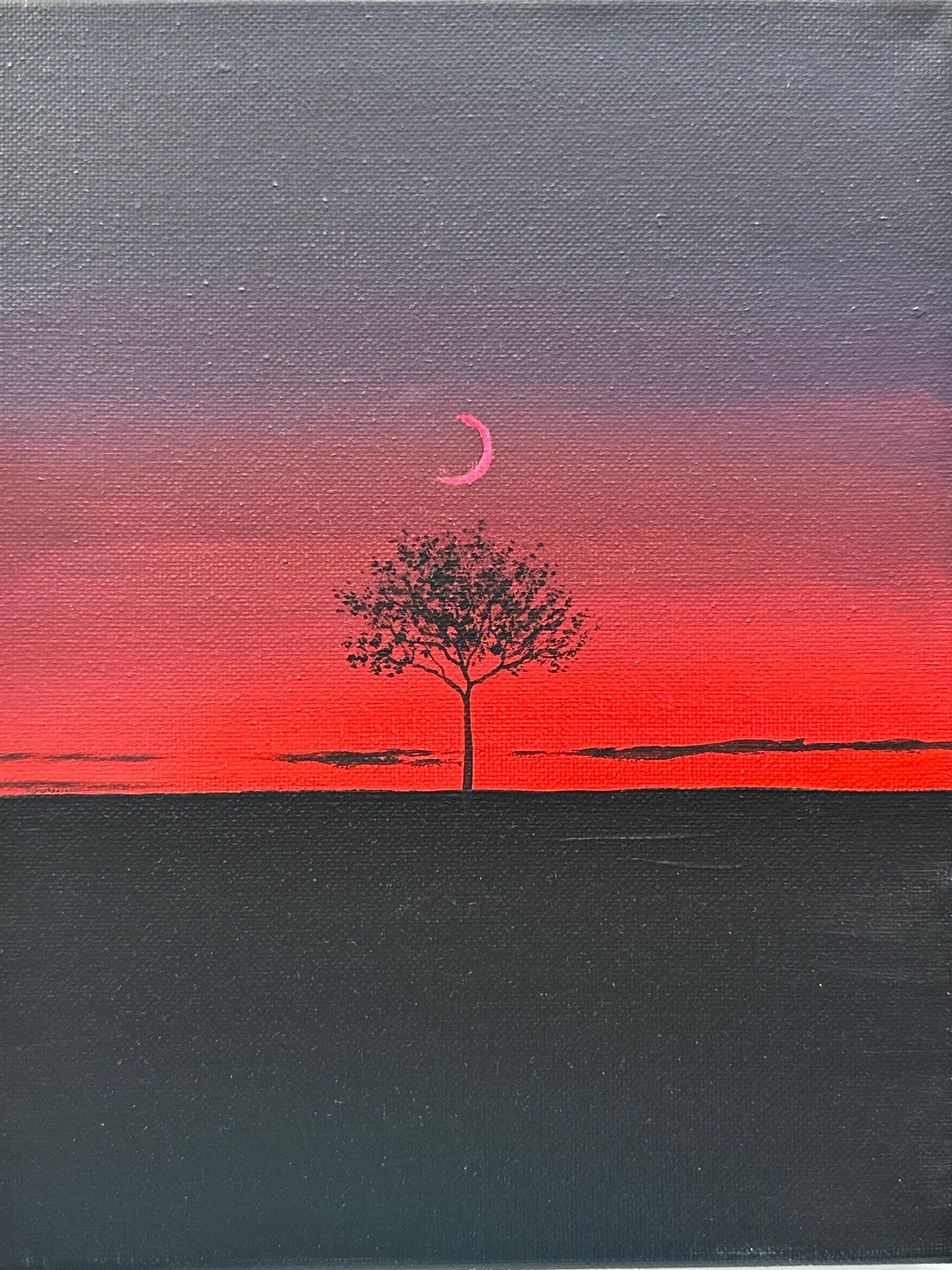 Dark Red Sunset Tree Painting, Minimal Night Landscape Art, Original Acrylic Painting, 8x10