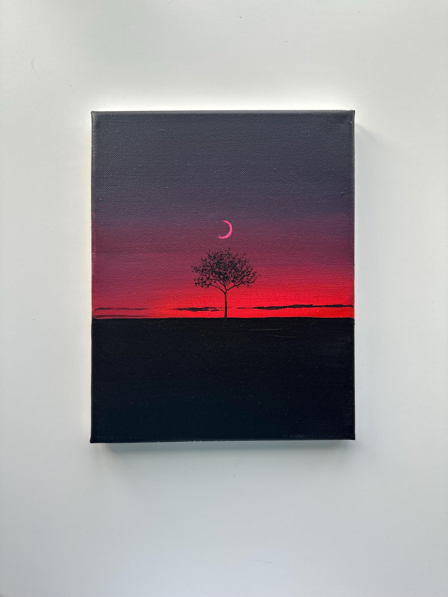 Dark Red Sunset Tree Painting, Minimal Night Landscape Art, Original Acrylic Painting, 8x10