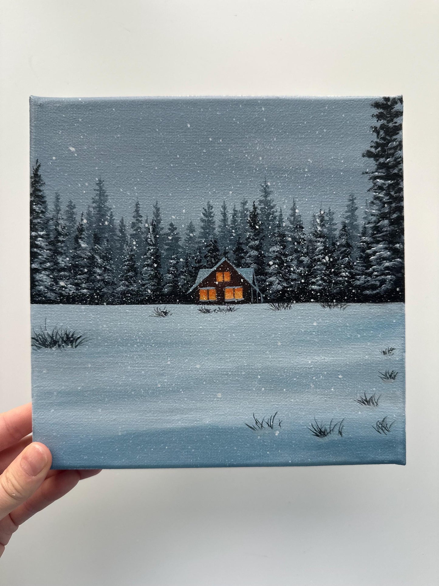 Snowy Cabin Painting, Winter Forest Landscape Art, Cozy Night Cabin Acrylic Painting, Original 8x8 Canvas
