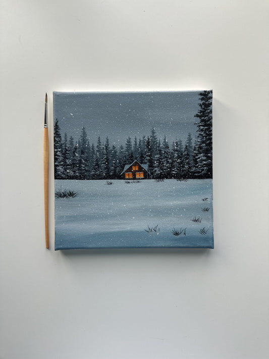 Snowy Cabin Painting, Winter Forest Landscape Art, Cozy Night Cabin Acrylic Painting, Original 8x8 Canvas