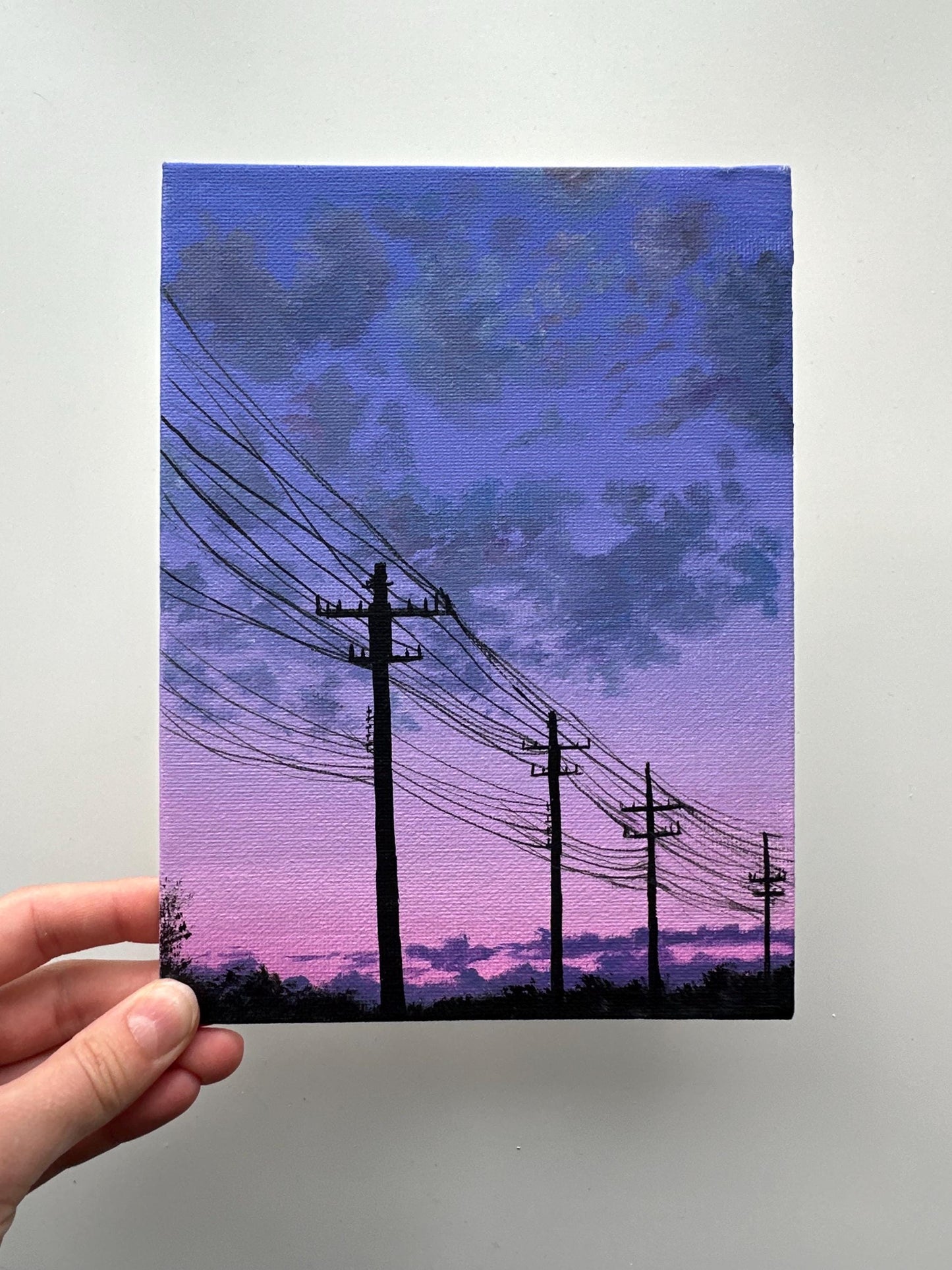 Power Lines Sunset Painting, Urban Sky Landscape Art, Original Acrylic Canvas Panel Art, 6x8