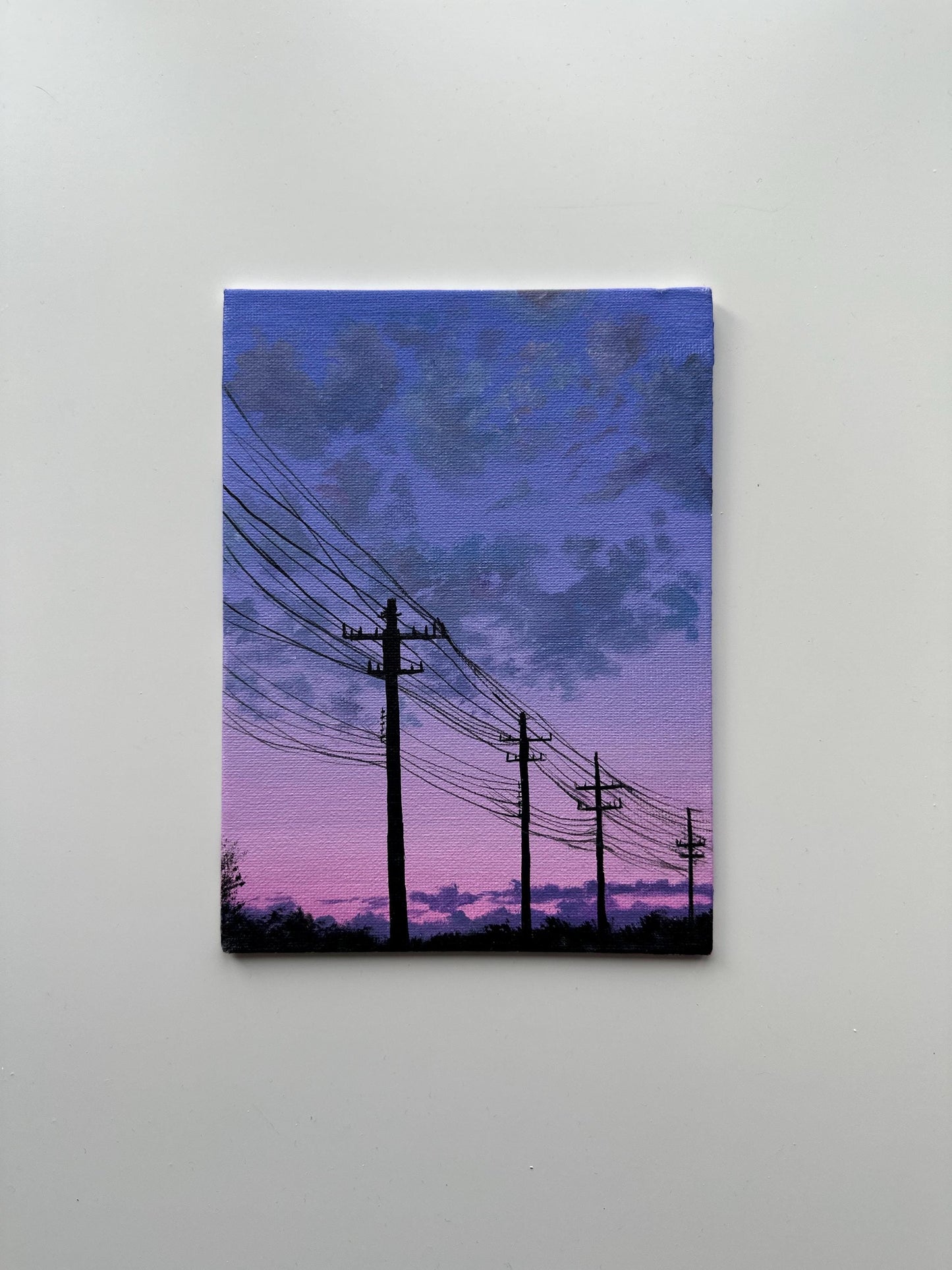 Power Lines Sunset Painting, Urban Sky Landscape Art, Original Acrylic Canvas Panel Art, 6x8