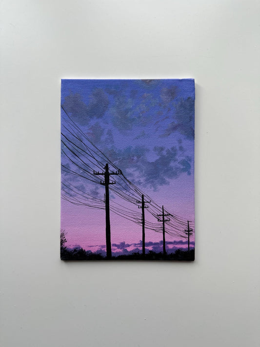 Power Lines Sunset Painting, Urban Sky Landscape Art, Original Acrylic Canvas Panel Art, 6x8