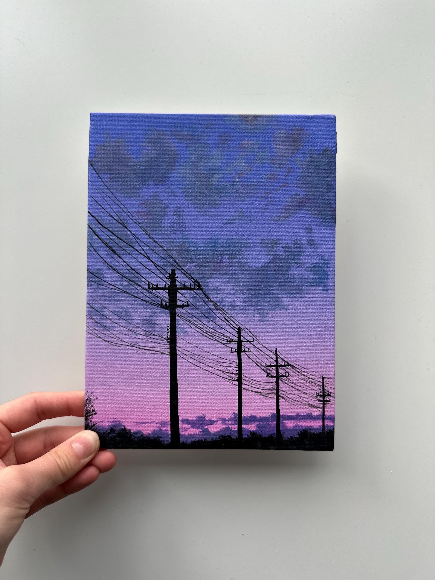 Power Lines Sunset Painting, Urban Sky Landscape Art, Original Acrylic Canvas Panel Art, 6x8