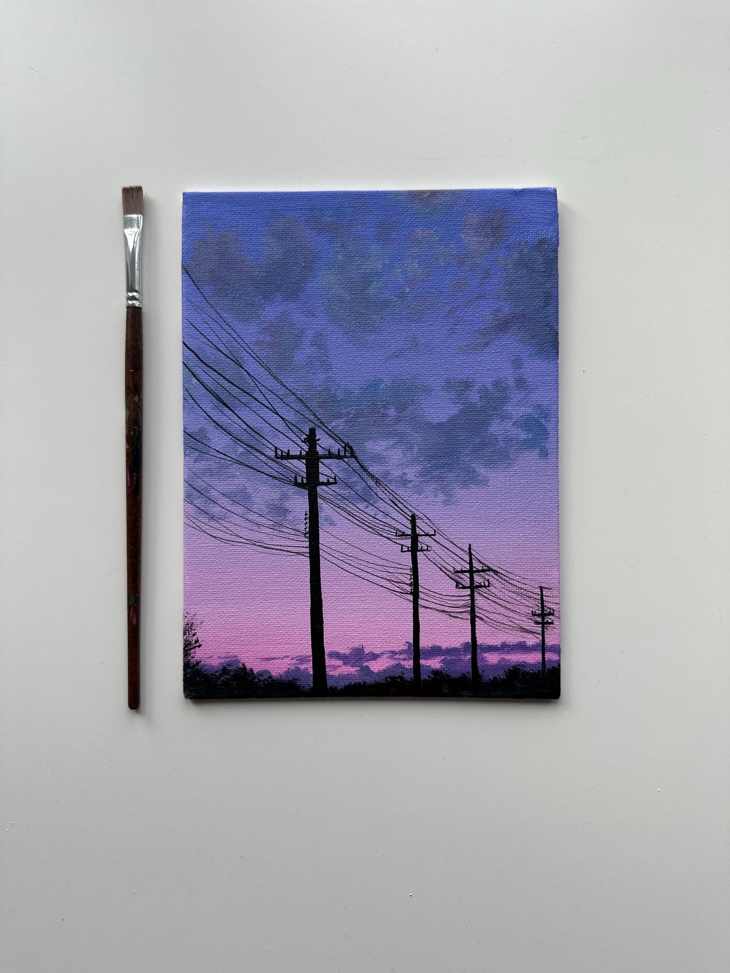 Power Lines Sunset Painting, Urban Sky Landscape Art, Original Acrylic Canvas Panel Art, 6x8