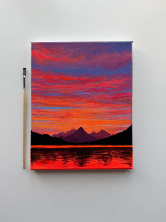 Crimson Sunset Acrylic Painting 8x10 | Original Mountain Lake Landscape Wall Art