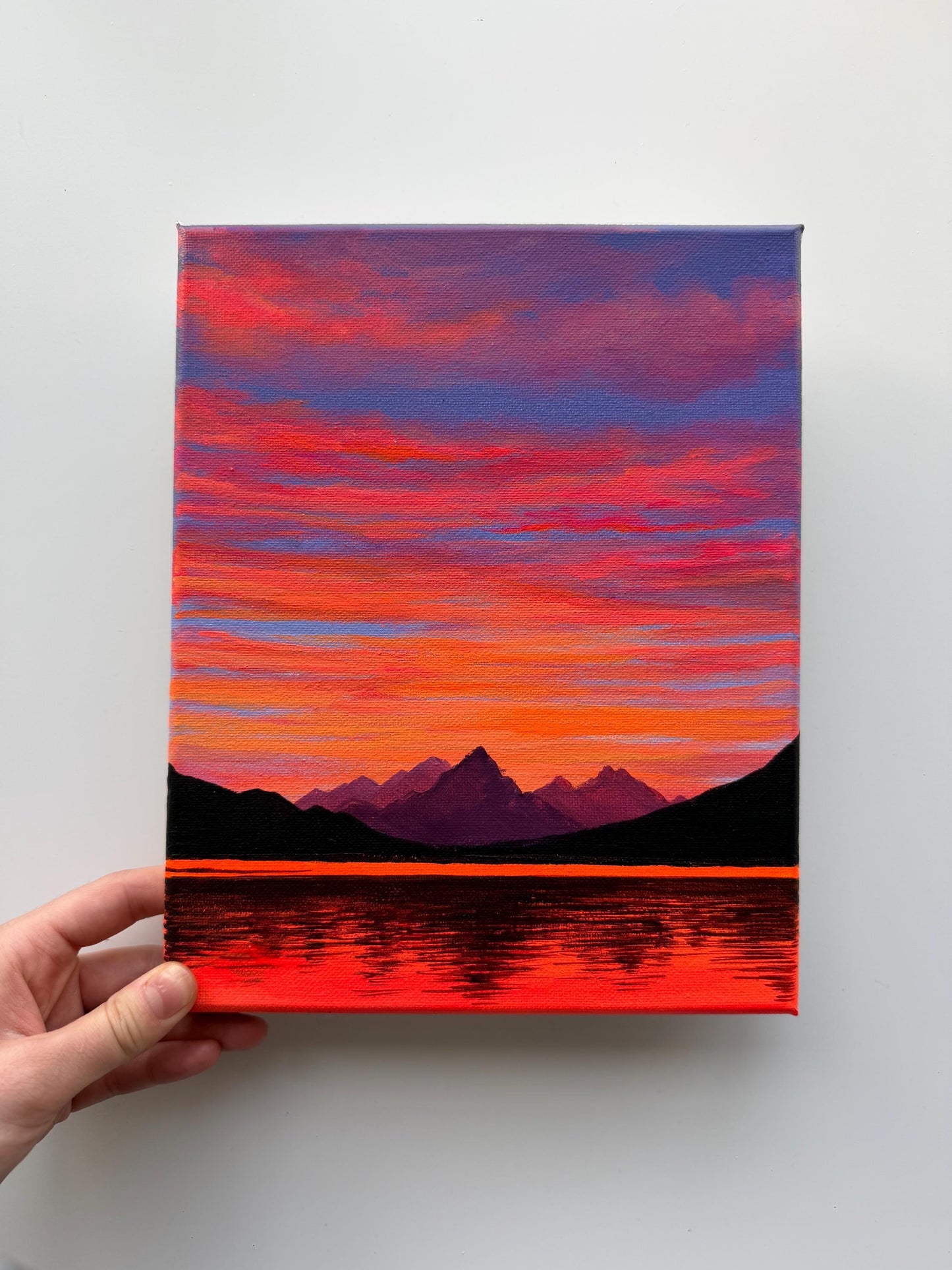 Crimson Sunset Acrylic Painting 8x10 | Original Mountain Lake Landscape Wall Art