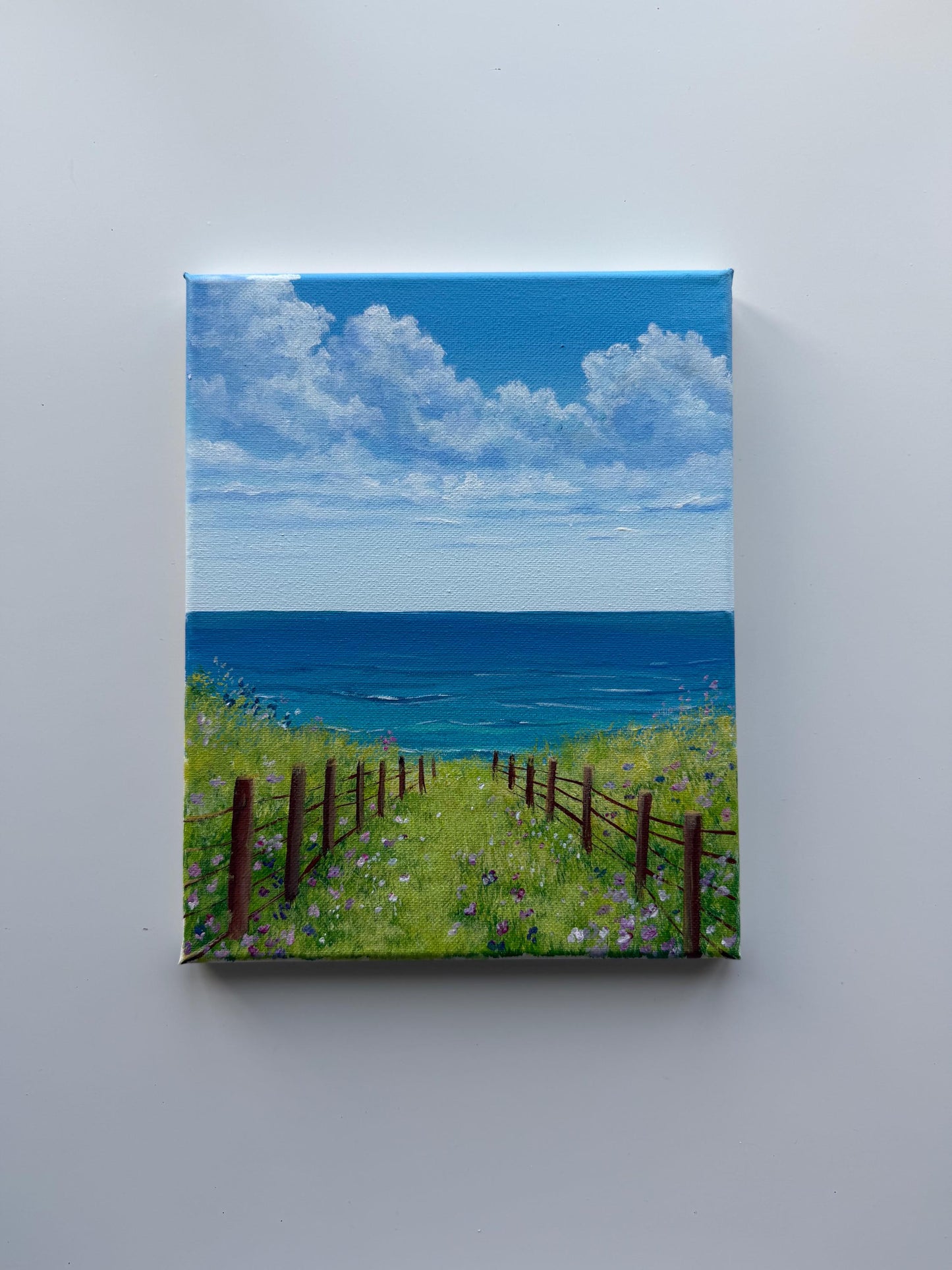 Coastal Path Painting 8x10 | Original Acrylic Seascape | Ocean View Wildflower Meadow | Beach Wall Art