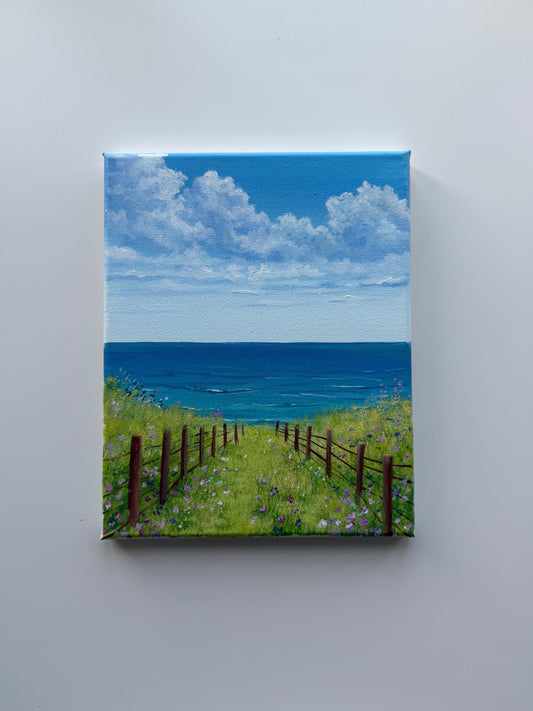 Coastal Path Painting 8x10 | Original Acrylic Seascape | Ocean View Wildflower Meadow | Beach Wall Art