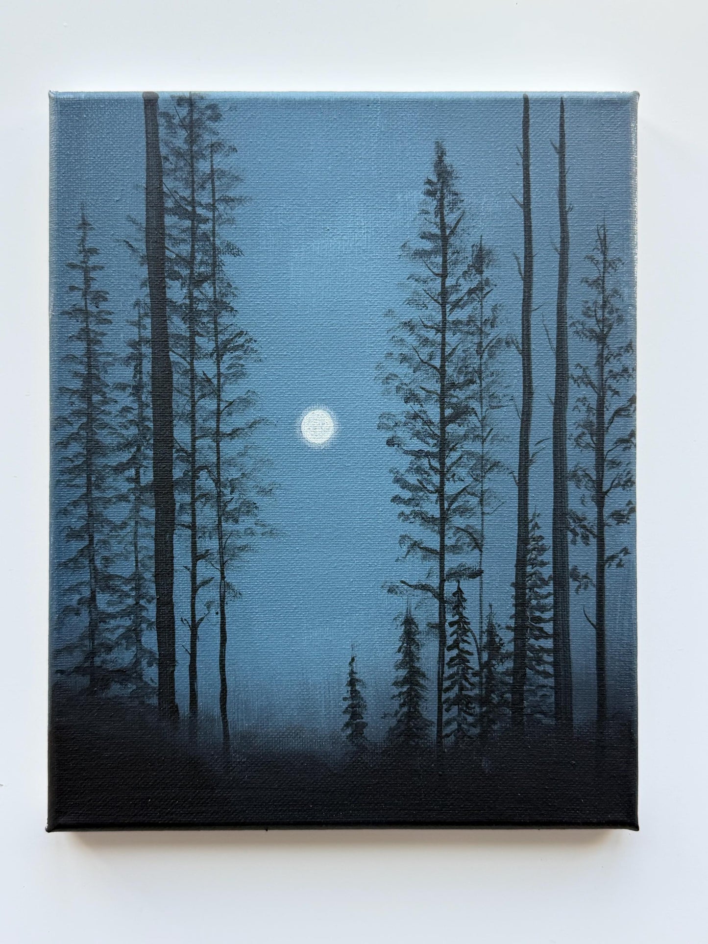 Original Acrylic Moonlit Forest Painting | Misty Night Landscape, Moody Wall Art 8x10