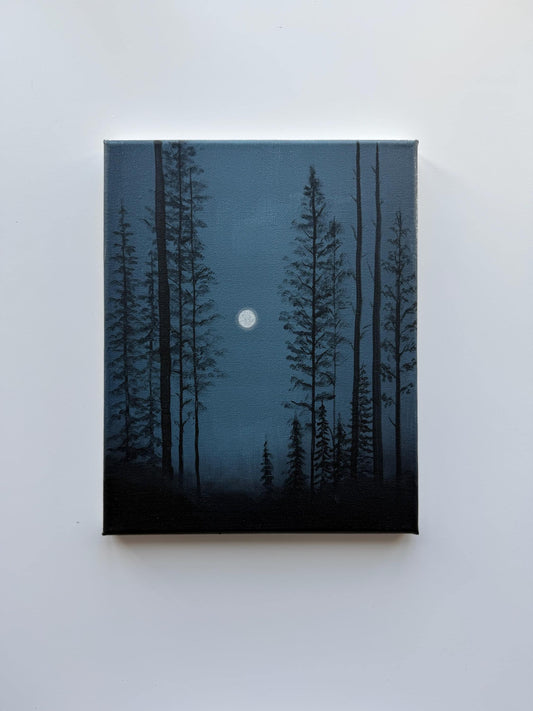 Original Acrylic Moonlit Forest Painting | Misty Night Landscape, Moody Wall Art 8x10