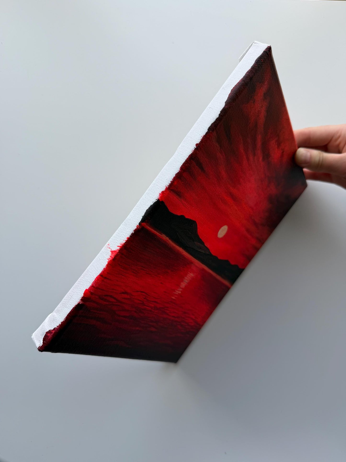 Original Acrylic Sunset Lake Painting | Crimson Sky, Mountain Silhouettes, Reflective Water 8x10