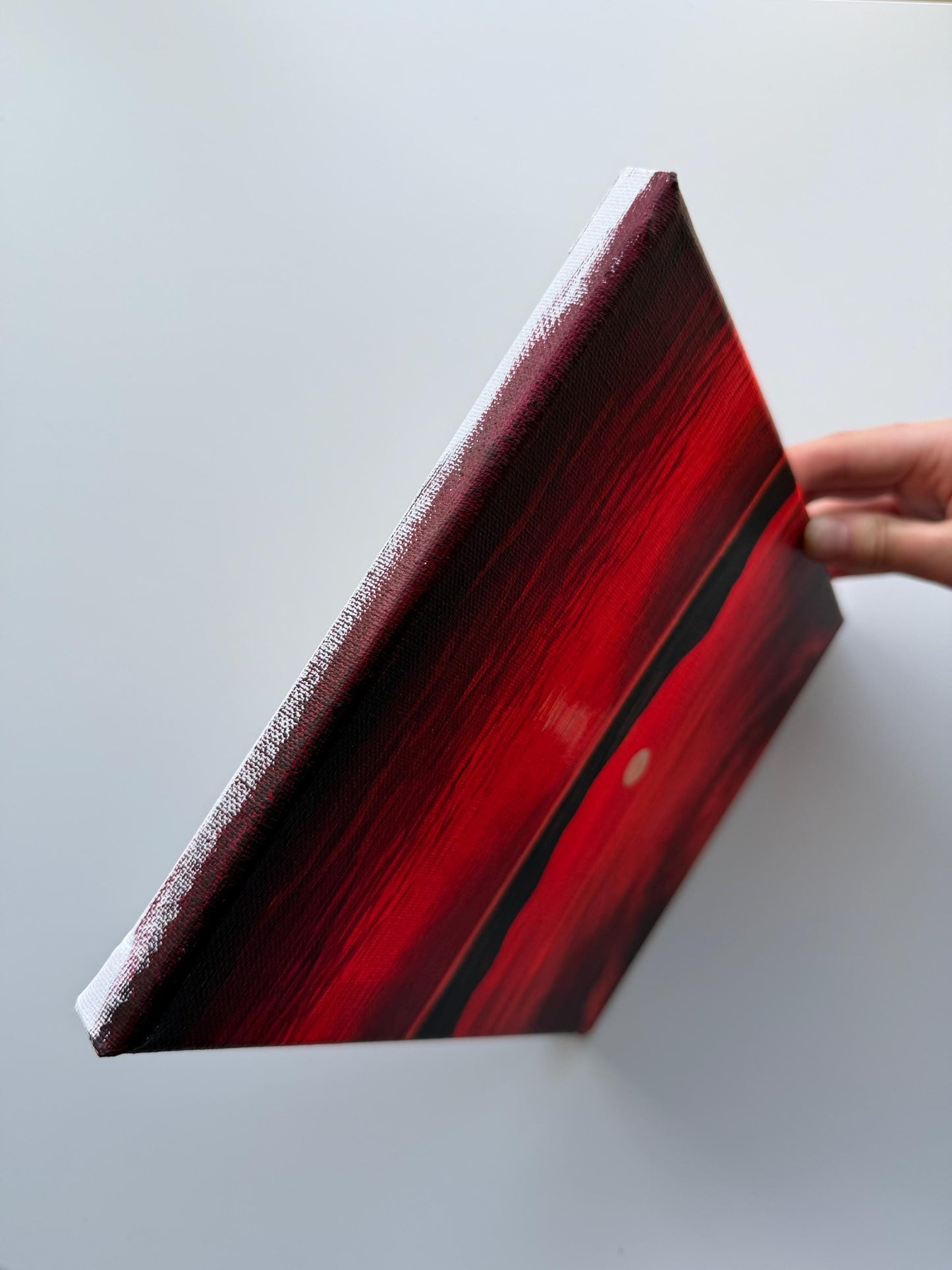 Original Acrylic Sunset Lake Painting | Crimson Sky, Mountain Silhouettes, Reflective Water 8x10