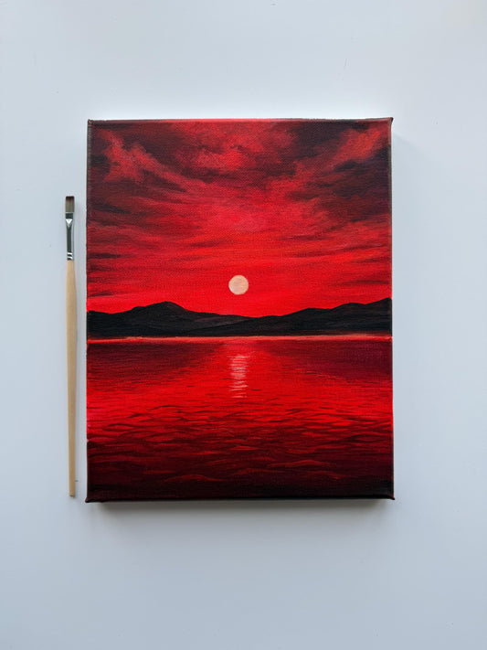 Original Acrylic Sunset Lake Painting | Crimson Sky, Mountain Silhouettes, Reflective Water 8x10