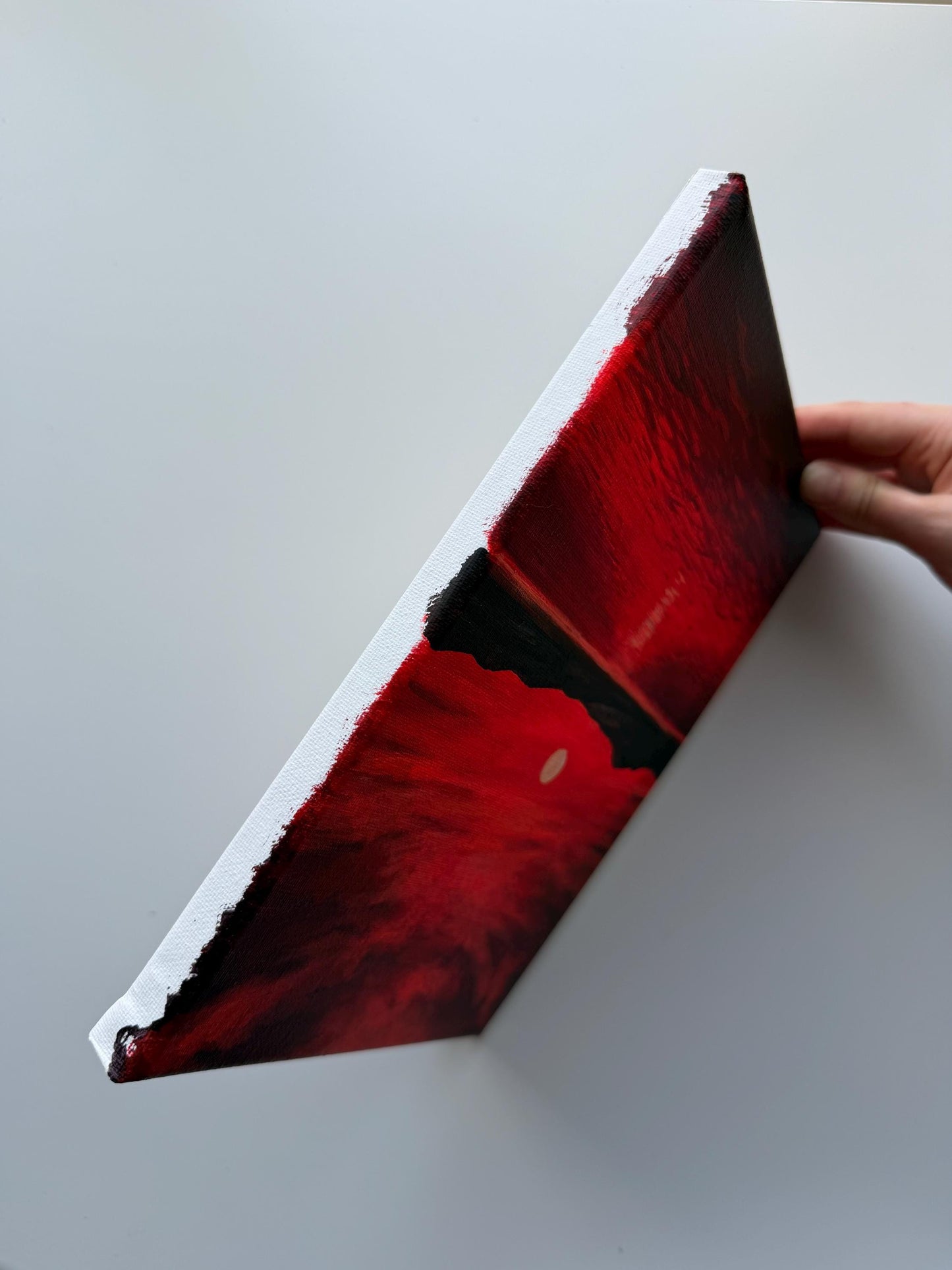 Original Acrylic Sunset Lake Painting | Crimson Sky, Mountain Silhouettes, Reflective Water 8x10