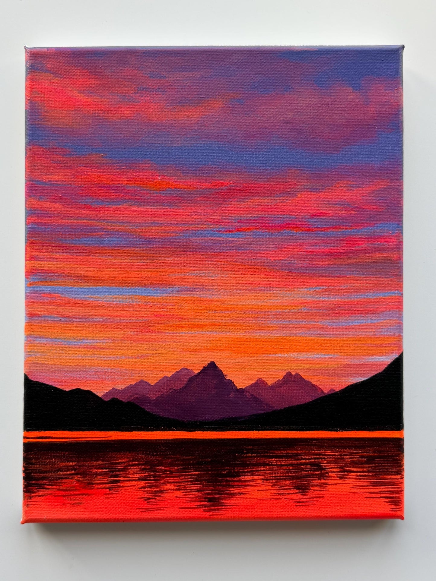 Crimson Sunset Acrylic Painting 8x10 | Original Mountain Lake Landscape Wall Art