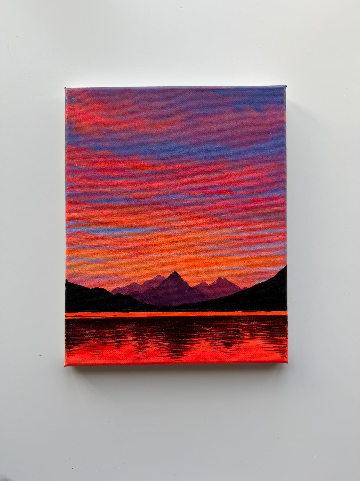 Crimson Sunset Acrylic Painting 8x10 | Original Mountain Lake Landscape Wall Art